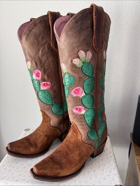 Junk Gypsy Women's Brown Leather Cactus Embroidered Heeled Boots